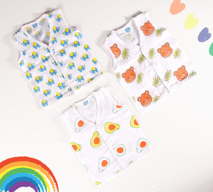 Soft Muslin Cotton Sleeveless Baby Vests | Elephant, Teddy & Avocado Prints | Set of 3