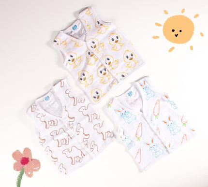 Soft Muslin Cotton Sleeveless Baby Jhablas | Camel, Bunny & Carrot and Duck Prints | Set of 3