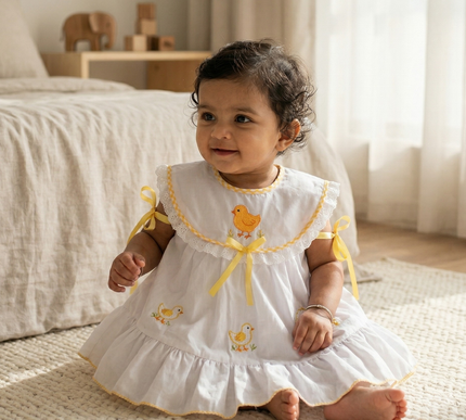 Elegant White Cotton Baby Dress with Embroidered Animals & Matching Bloomers | Shoulder Tie Frock for Baby Girls