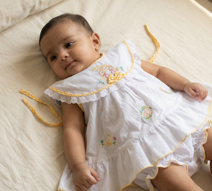 Elegant White Cotton Baby Dress with Embroidered Animals & Matching Bloomers | Shoulder Tie Frock for Baby Girls