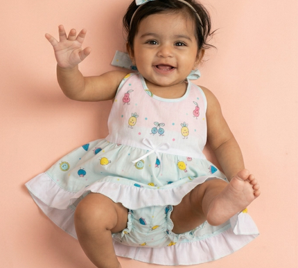 Baby Girls Cotton Dress with Fruity Print & Ruffle Design | Halter Neck Dress with Bloomers