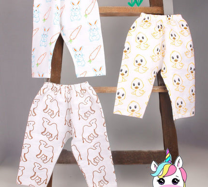 Muslin Cotton Baby Full Pants Set of 3 | Camel, Bunny & Carrot and Duck Prints | Lightweight & Breathable