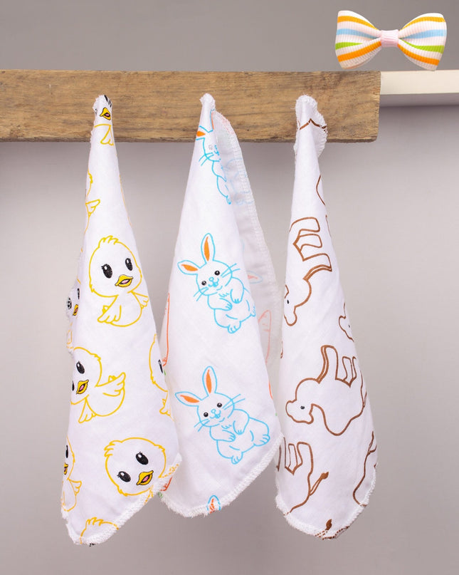Soft Cotton Muslin Baby Wash Cloths | Camel, Bunny & Carrot and Duckie Print | Set of 3