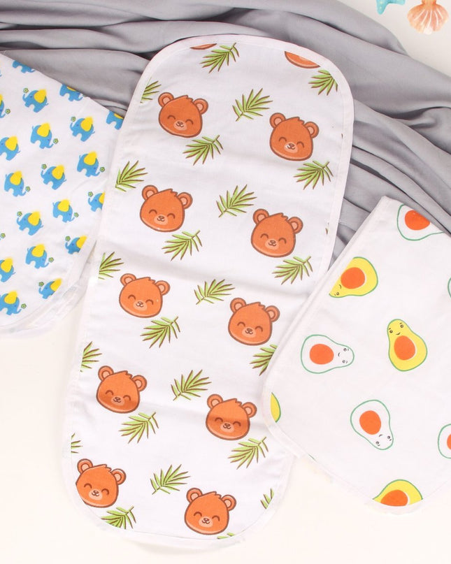 Soft & Absorbent Baby Burp Cloth Set | Avocado, Bear & Elephant Print | Set of 3