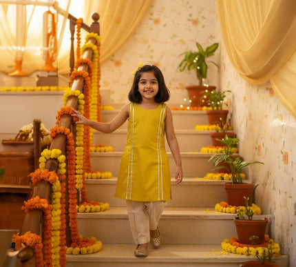 Adhira Striped Kurta Set with Beige Pajama | Girls Ethnic Wear