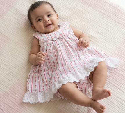 Adorable Striped Floral Baby Frock with Bloomers | Lace Hem Dress with Pockets for Baby Girls