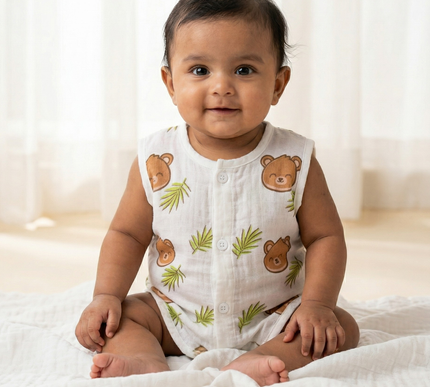 Soft Muslin Cotton Sleeveless Baby Vests | Elephant, Teddy & Avocado Prints | Set of 3
