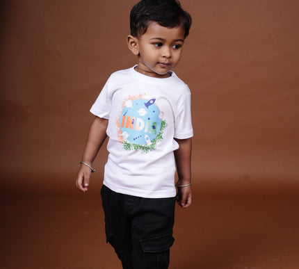 White Cotton Kids T-Shirt with India Space Print | Soft & Comfortable Casual Wear