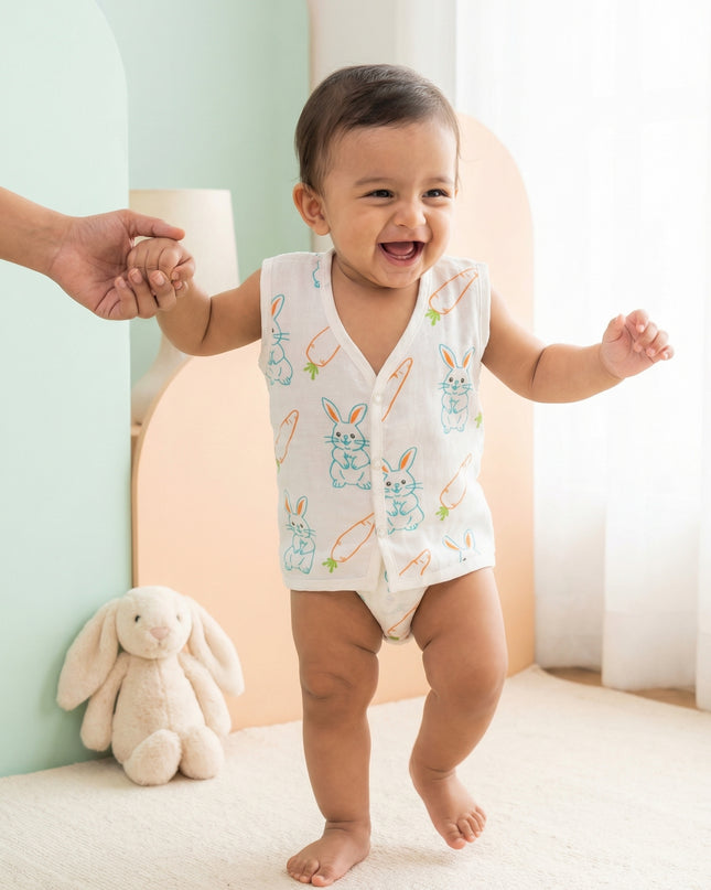 Soft Muslin Cotton Sleeveless Baby Jhabla | Front-Open Infant Jhabla