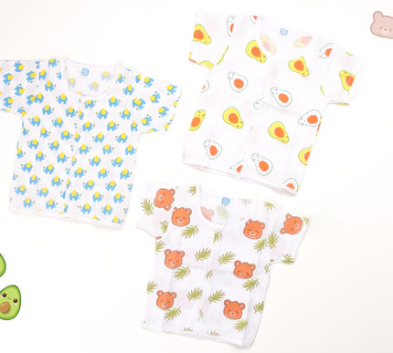 Muslin Cotton Baby Jhabla Set of 3 | Avocado, Bear & Elephant Prints | Soft & Breathable Half Sleeve Vests