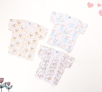 Muslin Cotton Baby Jhabla Set of 3 | Duck, Bunny & Camel Prints | Soft & Breathable Half Sleeve Vests