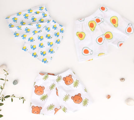 Muslin Cotton Baby Shorts Set of 3 | Elephant, Avocado & Bear Prints | Lightweight & Breathable