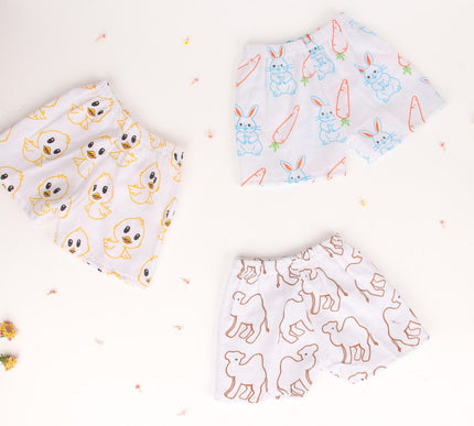 Muslin Cotton Baby Shorts Set of 3 | Camel, Duck & Bunny and Carrot Prints | Lightweight & Breathable