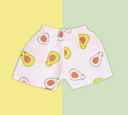 Muslin Cotton Baby Shorts Set of 3 | Elephant, Avocado & Bear Prints | Lightweight & Breathable
