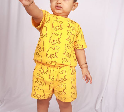 Yellow Camel Print Cotton Cord Set for Kids | Matching Top & Bottom Outfit