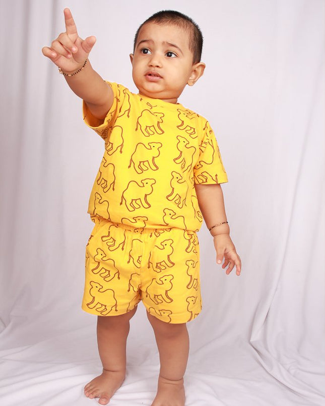 Yellow Camel Print Cotton Cord Set for Kids | Matching Top & Bottom Outfit