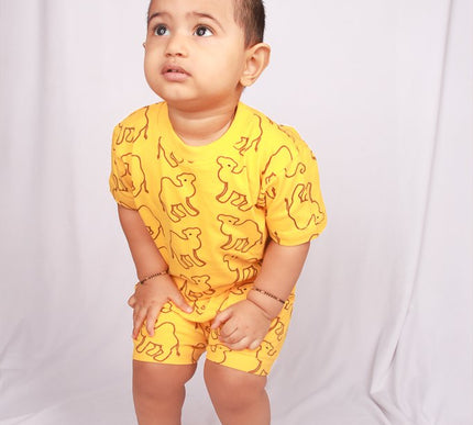 Yellow Camel Print Cotton Cord Set for Kids | Matching Top & Bottom Outfit
