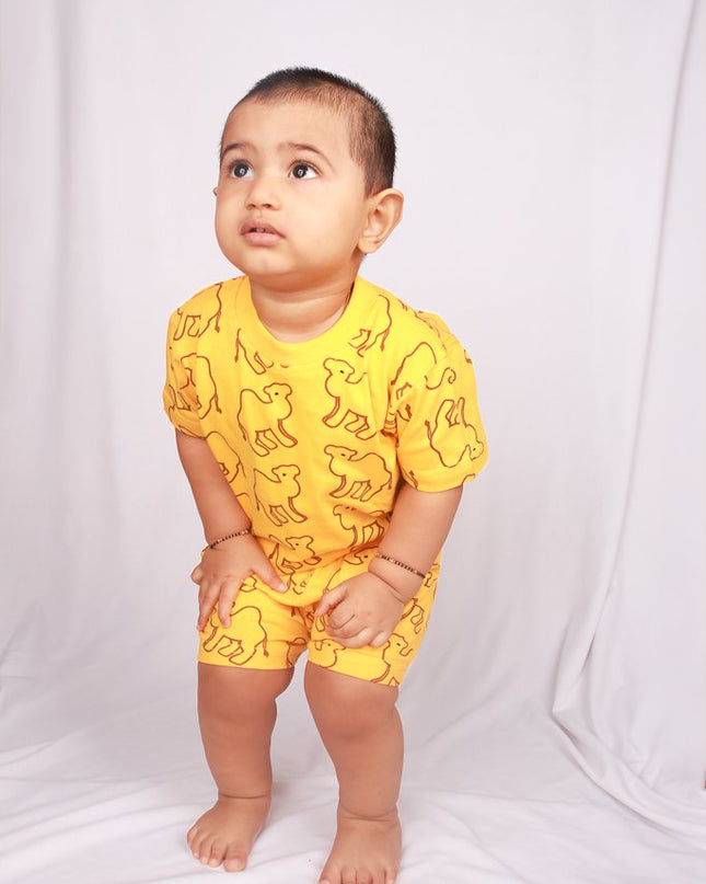 Yellow Camel Print Cotton Cord Set for Kids | Matching Top & Bottom Outfit