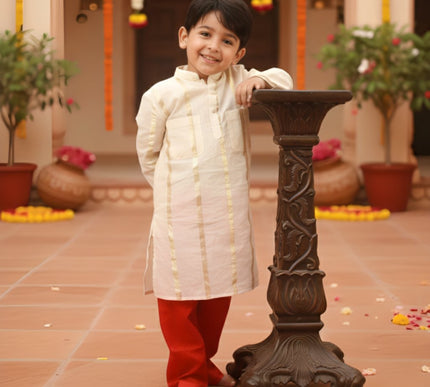 Divit Beige Kurta Set with Red Pajama | Boys Ethnic Wear