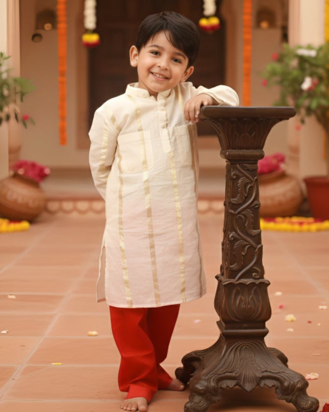 Divit Beige Kurta Set with Red Pajama | Boys Ethnic Wear