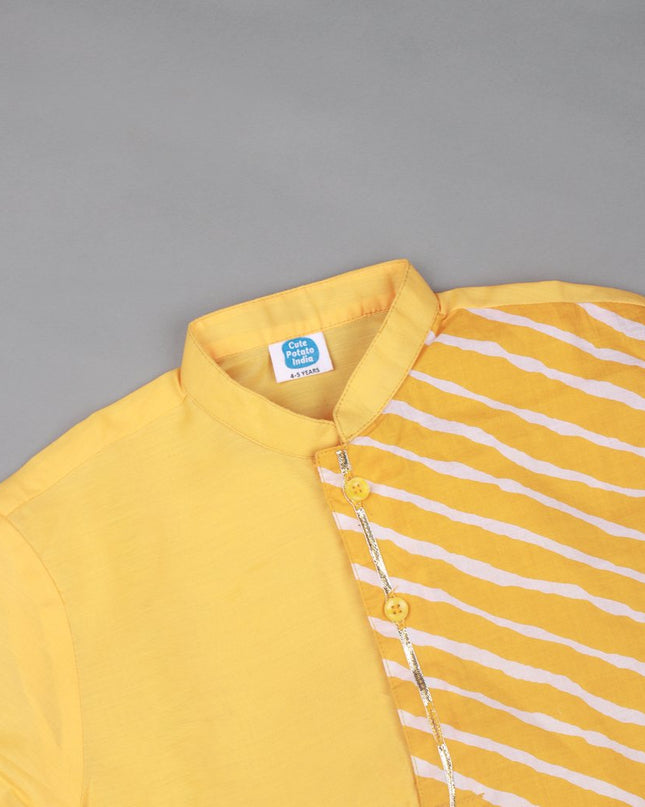 Haridra Yellow Striped Kurta Set with Pajama | Boys Ethnic Wear