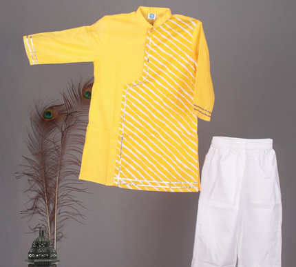 Haridra Yellow Striped Kurta Set with Pajama | Boys Ethnic Wear