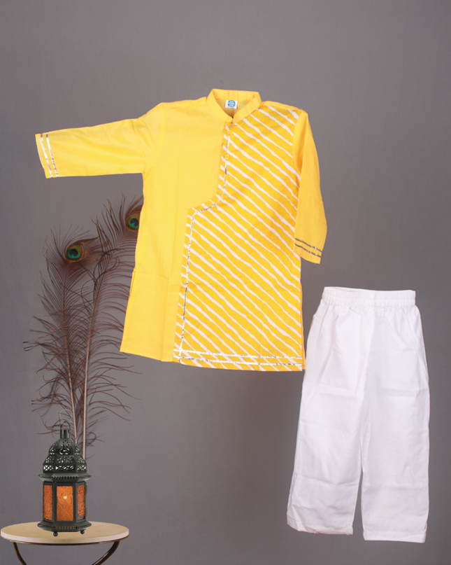 Haridra Yellow Striped Kurta Set with Pajama | Boys Ethnic Wear