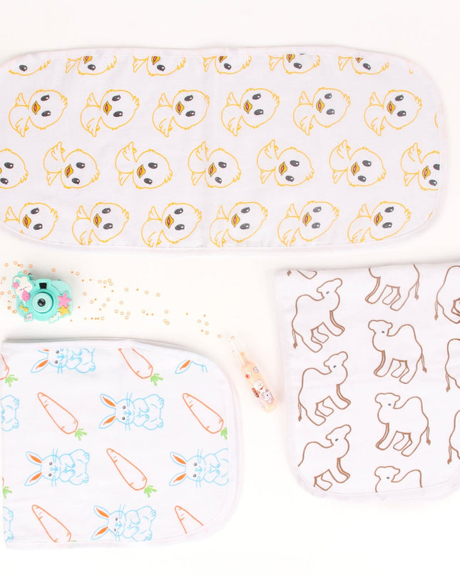 Soft & Absorbent Baby Burp Cloth Set | Duckie, Camel & Rabbit Print | Set of 3