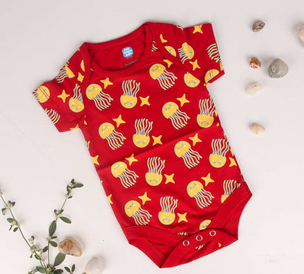 Soft & Comfortable Cotton Onesie | Red with Jellyfish & Starfish Print | Everyday Essential for Babies