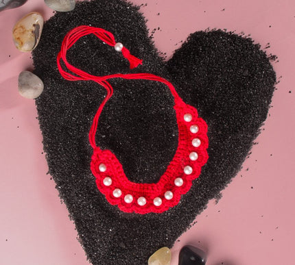 Vibrant Red Handmade Crochet Necklace with White Pearls for Girls | Handcrafted Accessory