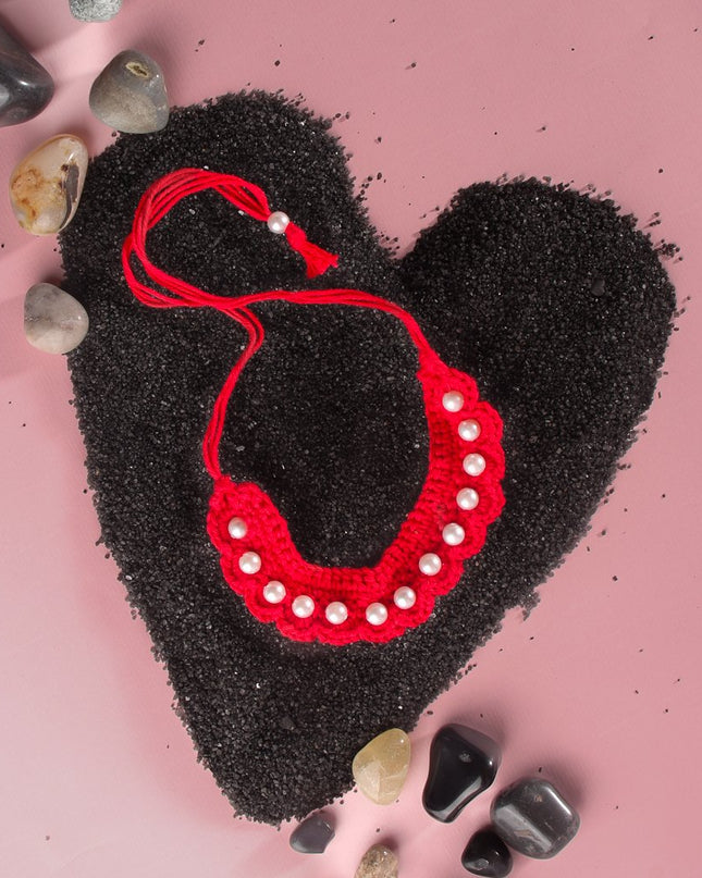 Vibrant Red Handmade Crochet Necklace with White Pearls for Girls | Handcrafted Accessory