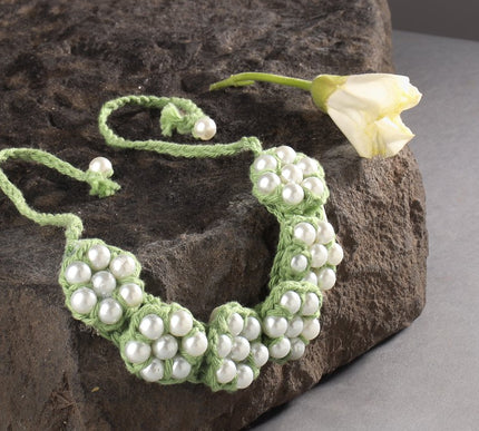 Elegant Green Crochet Necklace for Girls with White Pearls | Handcrafted Accessory