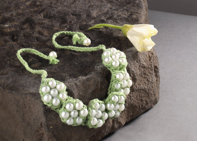 Elegant Green Crochet Necklace for Girls with White Pearls | Handcrafted Accessory
