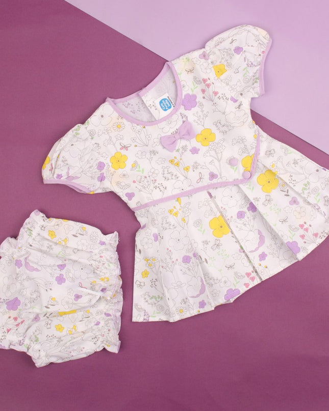 Baby Girl Floral Print Cotton Dress with Matching Bloomers | Puff Sleeve Party Frock