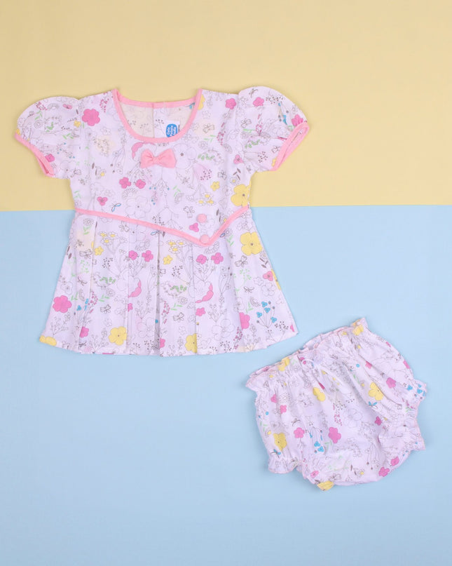 Baby Girl Floral Print Cotton Dress with Matching Bloomers | Puff Sleeve Party Frock