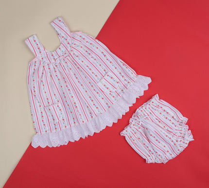 Adorable Striped Floral Baby Frock with Bloomers | Lace Hem Dress with Pockets for Baby Girls