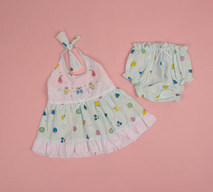 Baby Girls Cotton Dress with Fruity Print & Ruffle Design | Halter Neck Dress with Bloomers