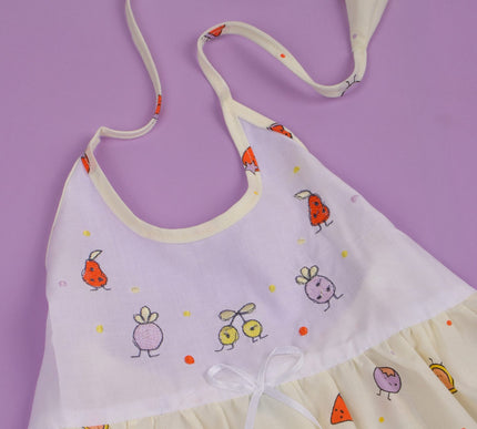 Baby Girls Cotton Dress with Fruity Print & Ruffle Design | Halter Neck Dress with Bloomers