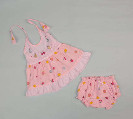 Baby Girls Cotton Dress with Fruity Print & Ruffle Design | Halter Neck Dress with Bloomers