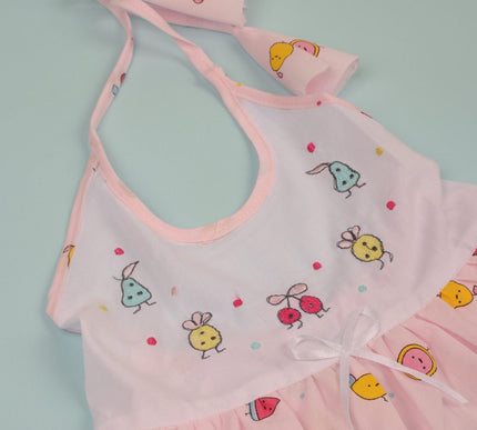Baby Girls Cotton Dress with Fruity Print & Ruffle Design | Halter Neck Dress with Bloomers