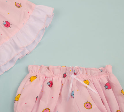 Baby Girls Cotton Dress with Fruity Print & Ruffle Design | Halter Neck Dress with Bloomers