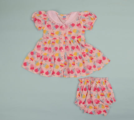 Soft Cotton Baby Frock with Bloomers | Candy Ice Cream Print | Puff Sleeve Dress for Baby Girls