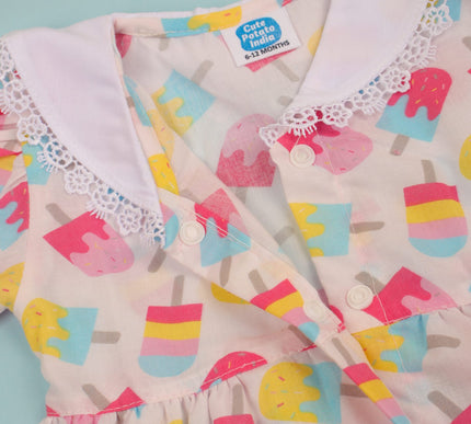 Soft Cotton Baby Frock with Bloomers | Candy Ice Cream Print | Puff Sleeve Dress for Baby Girls