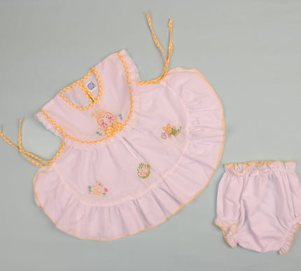 Elegant White Cotton Baby Dress with Embroidered Animals & Matching Bloomers | Shoulder Tie Frock for Baby Girls
