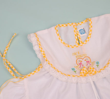Elegant White Cotton Baby Dress with Embroidered Animals & Matching Bloomers | Shoulder Tie Frock for Baby Girls