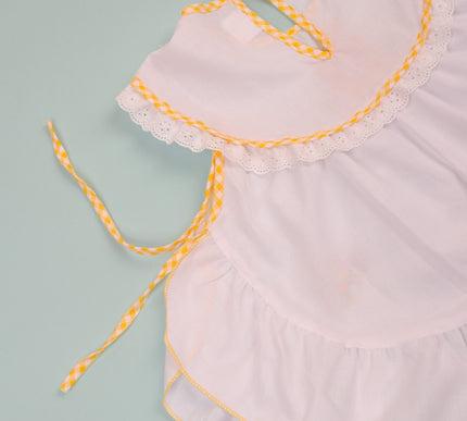 Elegant White Cotton Baby Dress with Embroidered Animals & Matching Bloomers | Shoulder Tie Frock for Baby Girls