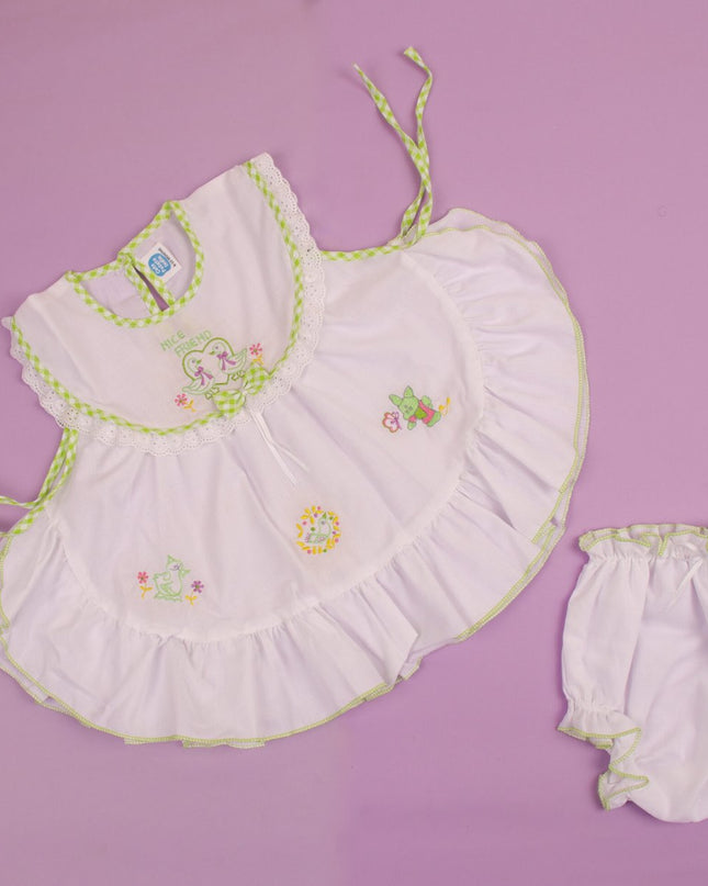 Elegant White Cotton Baby Dress with Embroidered Animals & Matching Bloomers | Shoulder Tie Frock for Baby Girls