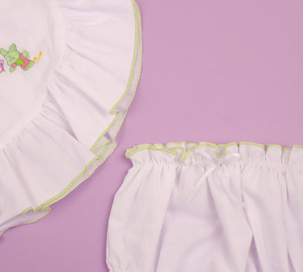 Elegant White Cotton Baby Dress with Embroidered Animals & Matching Bloomers | Shoulder Tie Frock for Baby Girls