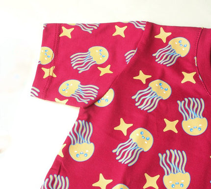 Red Cotton Kids T-Shirt with Jellyfish & Starfish Print | Soft & Comfortable Casual Wear