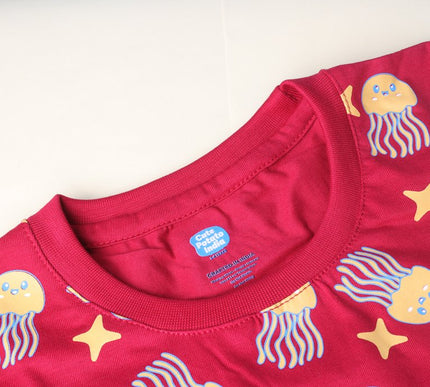 Red Cotton Kids T-Shirt with Jellyfish & Starfish Print | Soft & Comfortable Casual Wear